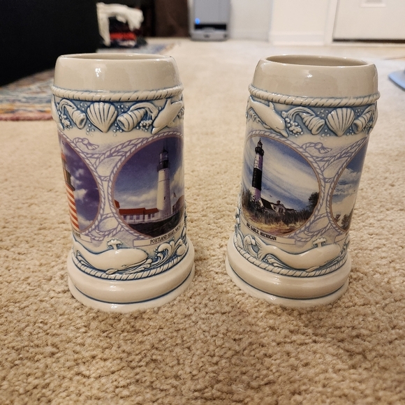 Set Of 2 Lighthouse Beer Steins Ceramic Maine Ohio Michigan No Lids - Picture 2 of 6